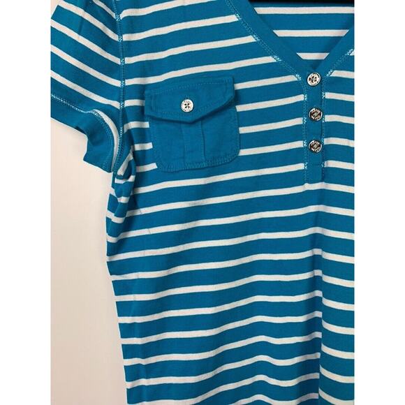 Chaps Womens Striped Blue & White V-Neck Short Sleeve Shirt With Button Accents - Picture 4 of 5